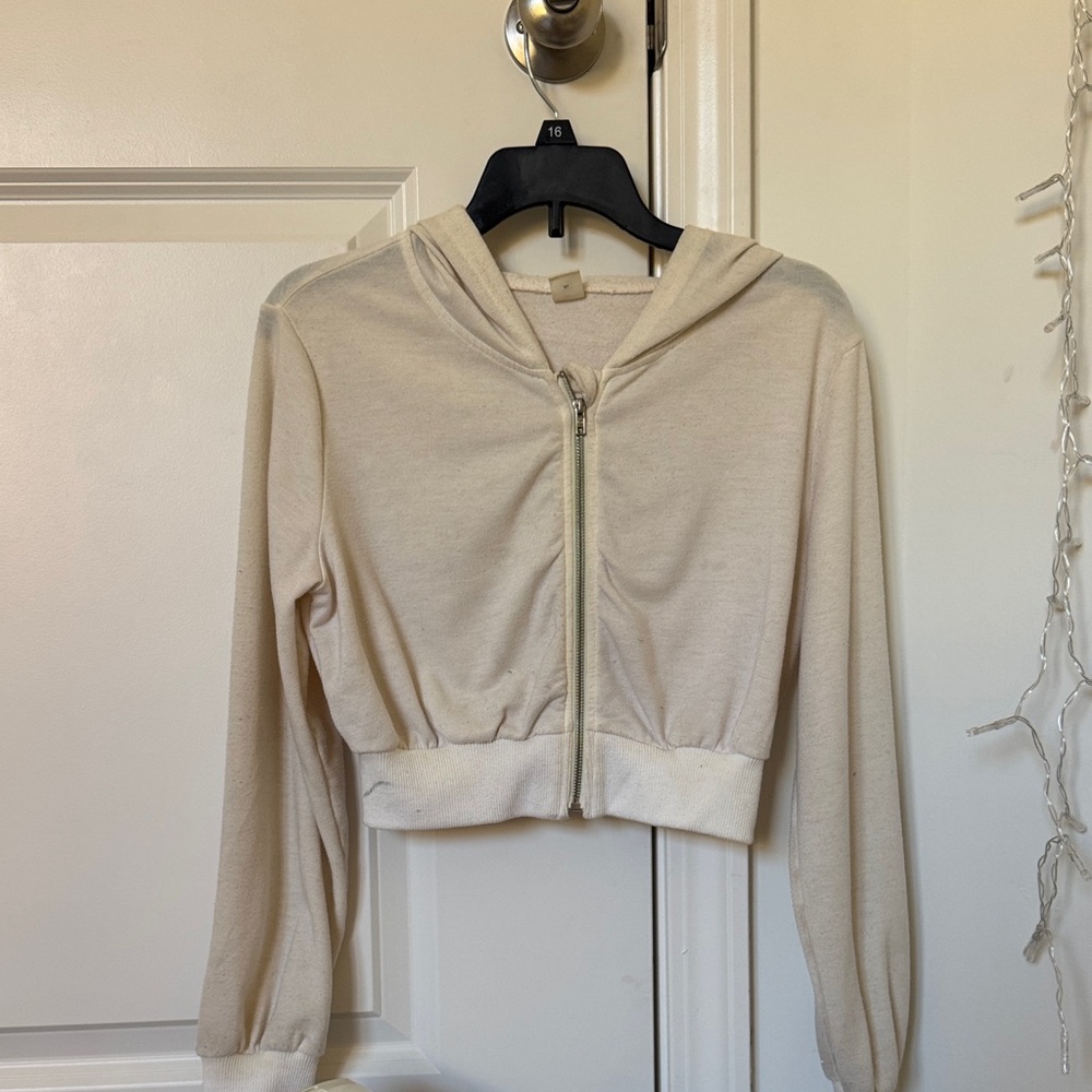 Cream Cropped Zip-Up Hoodie